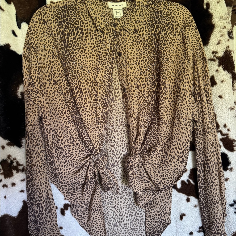 Ariat Tan and Cream Long Sleeve Tie Front Blouse